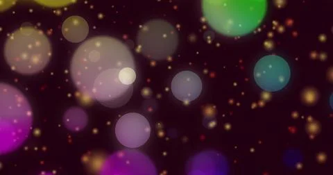 Glowing multicolor round bokeh lights drifting on dark maroon background, with Stock Illustration
