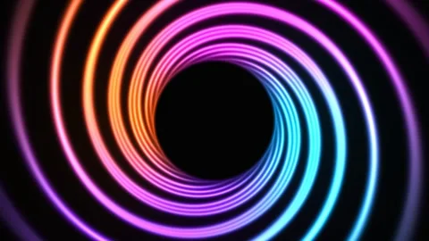 Glowing multicolored neon spiral lines rotating on black background. 4K Stock Footage 342688084