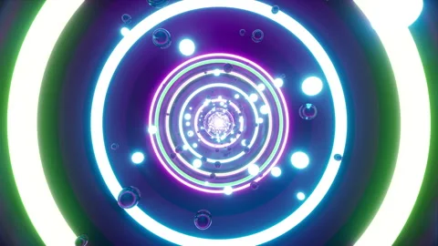 Glowing Multiple Spheres in the Neon Light Striped Circle Tunnel VJ Loop Stock Footage 240319750