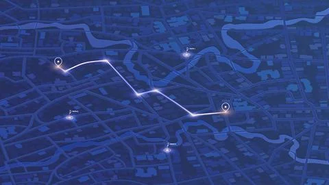 Glowing Navigation Route with Multiple Path Options on Dark Blue Digital Stock Illustration
