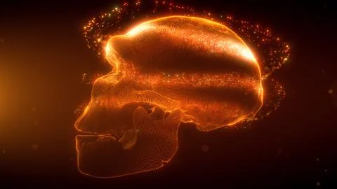 Glowing Neanderthal Skull Wireframe Render in Futuristic Orange Light Stock Illustration