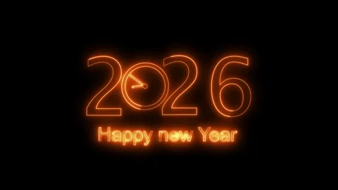 Glowing Neon 2026 Clock Countdown Happy New Year Celebration Animation Oran.. Stock Footage 321410446