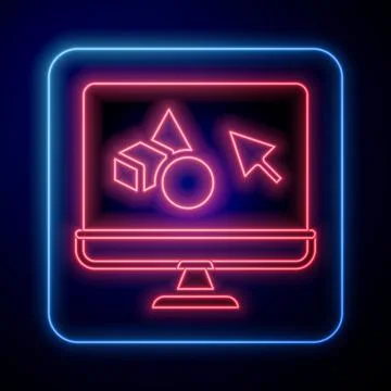 Glowing neon 3D printer software icon isolated on black background. 3d printing Illustrazione stock