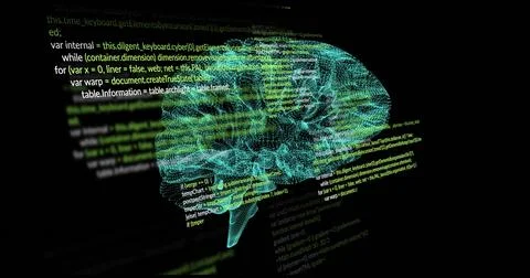 Glowing neon 3D wireframe brain pulsing in virtual void, showing green code and Stock Photos
