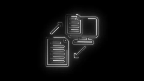 Glowing neon abstract document transfer to computer icon animation on black.. Stock Footage 346129332