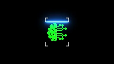 Glowing Neon AI Brain Scan Icon Animation on Black Background Stock Footage 340440075