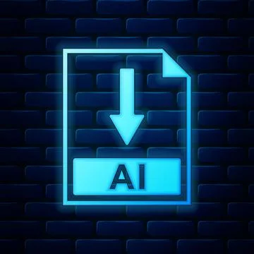 Glowing neon AI file document icon. Download AI button icon isolated on brick Illustrazione stock