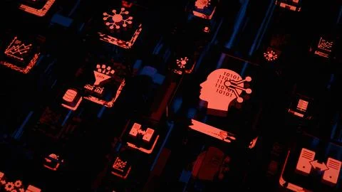 Glowing Neon AI Head with Binary Code Data Processing Grid Futuristic Techn.. Foto stock