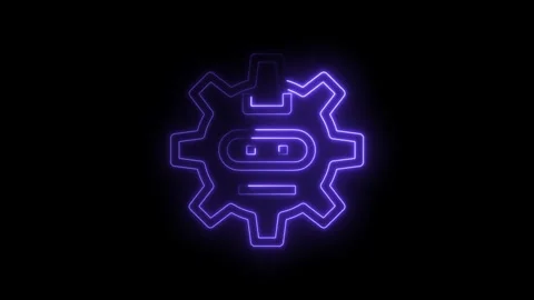 Glowing neon ai robot head inside gear outline on black background animatio.. Stock Footage 314538552