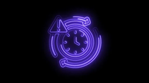 Glowing neon alarm clock icon with circular arrows and warning symbol in dark Stock Footage 333964012