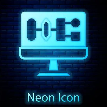 Glowing neon Algorithm icon isolated on brick wall background. Algorithm symbol Stock Illustration