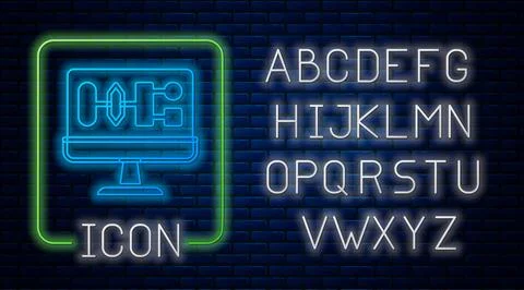 Glowing neon Algorithm icon isolated on brick wall background. Algorithm symbol Stock Illustration