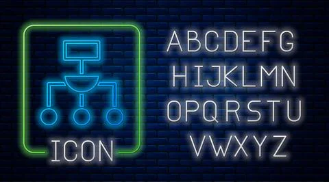 Glowing neon Algorithm icon isolated on brick wall background. Algorithm symbol Stock Illustration