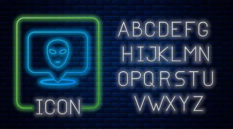 Glowing neon Alien icon isolated on brick wall background. Extraterrestrial.. Stock Illustration