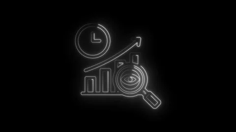 Glowing neon analytics icon with rising bar graph clock and magnifying glass Stock Footage 333956906