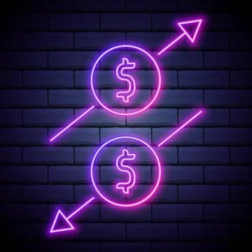 Glowing neon Up and Down arrows with dollar symbol icon isolated on brick wal Stock Illustration