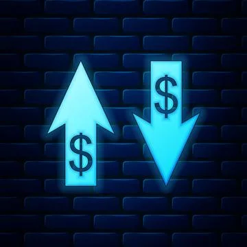 Glowing neon Up and Down arrows with dollar symbol icon isolated on brick wall Stock Illustration