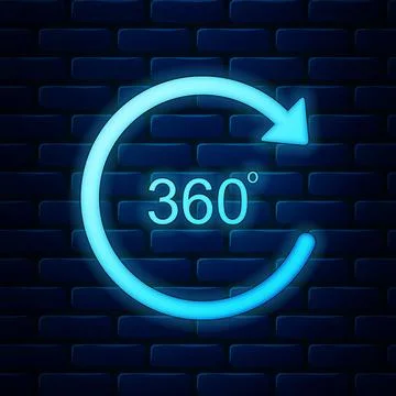 Glowing neon Angle 360 degrees icon isolated on brick wall background. Rotation Stock Illustration
