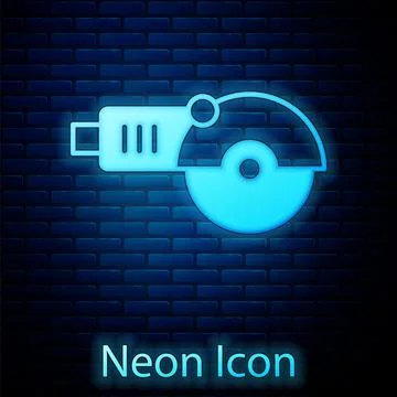 Glowing neon Angle grinder icon isolated on brick wall background. Vector Stock Illustration