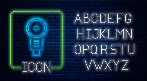 Glowing neon Angle grinder icon isolated on brick wall background. Neon light Stock Illustration
