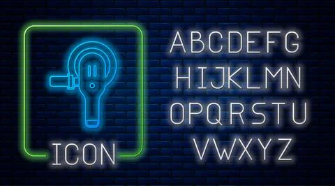 Glowing neon Angle grinder icon isolated on brick wall background. Neon light Stock Illustration