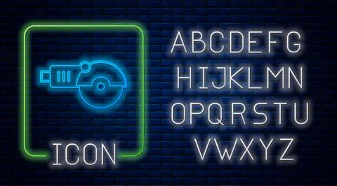 Glowing neon Angle grinder icon isolated on brick wall background. Neon light Stock Illustration