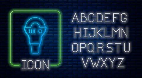 Glowing neon Angle grinder icon isolated on brick wall background. Neon light Stock Illustration