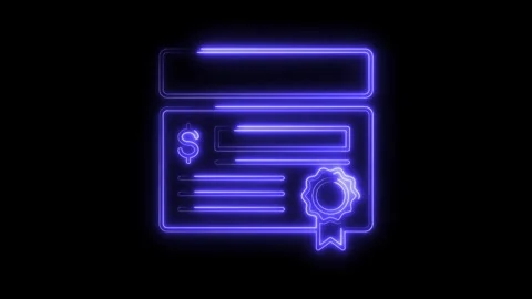 Glowing neon animated check with dollar sign and seal on black background Stock Footage 312333827