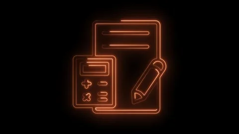 Glowing neon animation of accounting elements calculator pencil and document on Stock Footage 322962936