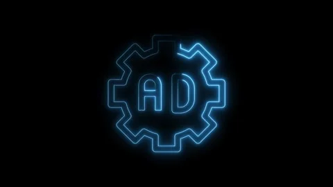 Glowing neon animation of ad text inside a cog wheel on black background Stock Footage 312446995