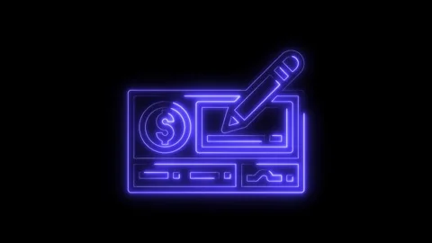 Glowing neon animation of checkbook with dollar sign and pencil on black Stock Footage 322972962