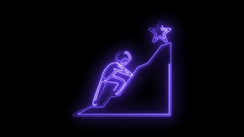 Glowing neon animation of climber reaching star goal overcoming obstacles o.. Stock Footage 312330606