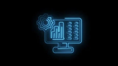 Glowing neon animation of data analysis on computer screen with gear icon Video stock 312309240