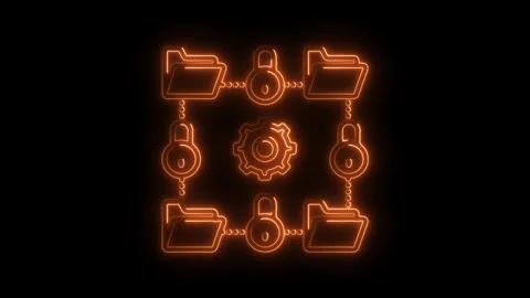 Glowing neon animation of data security system with folders,locks,and gears.. Stock Footage 308903594