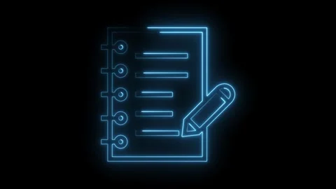 Glowing neon animation of a notebook with pencil for notes on black background Stock Footage 322984304