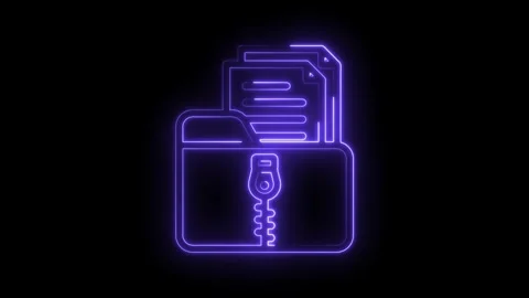 Glowing neon animation of a zip file or encrypted data folder on a black Stock Footage 330782764