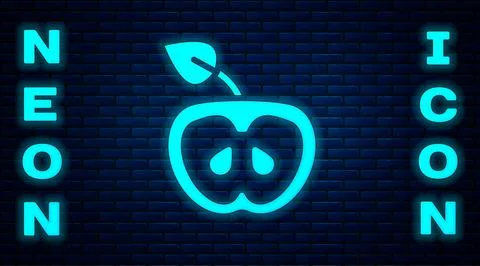 Glowing neon Apple icon isolated on brick wall background. Excess weight. H.. Stock Illustration
