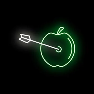 Glowing neon apple target hit by white arrow Stock Illustration