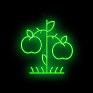 Glowing neon apple tree sign on black background Stock Illustration