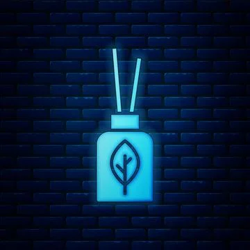 Glowing neon Aroma diffuser icon isolated on brick wall background. Glass jar Stock Illustration