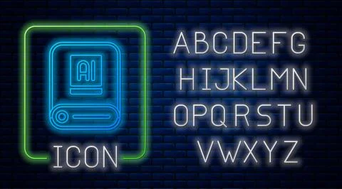 Glowing neon Artificial intelligence AI icon isolated on brick wall background Stock Illustration