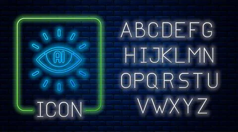 Glowing neon Artificial intelligence AI icon isolated on brick wall backgro.. Stock Illustration