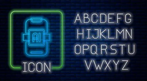 Glowing neon Artificial intelligence AI icon isolated on brick wall backgro.. Stock Illustration