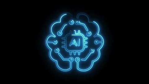 Glowing neon artificial intelligence brain symbol on black background Stock Footage 308192273