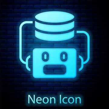 Glowing neon Artificial intelligence robot icon isolated on brick wall back.. Illustrazione stock