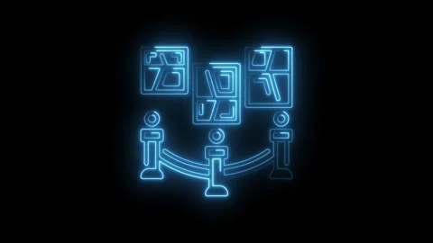 Glowing neon artwork display with ropes and posts on a dark background Stock Footage 345882510