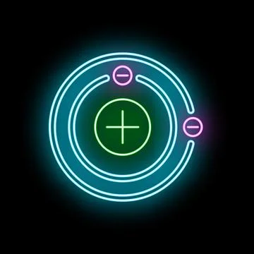 Glowing neon atom with electrons orbiting nucleus Stock Illustration