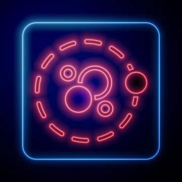 Glowing neon Atom icon isolated on black background. Symbol of science Stock Illustration