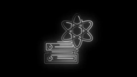 Glowing neon atom symbol hovering above stacked servers representing scientific Stock Footage 333952969
