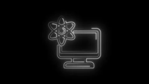 Glowing neon atom symbol overlaying computer screen icon on black background Stock-Footage 333952952